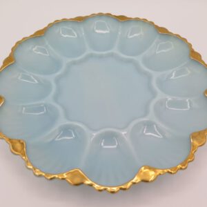 blue with gold trim deviled egg platter