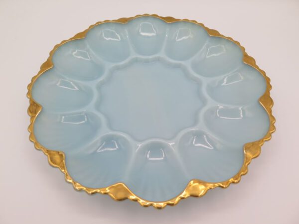 blue with gold trim deviled egg platter