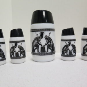milk glass sugar, salt and pepper dispensers with black tops and greek designs