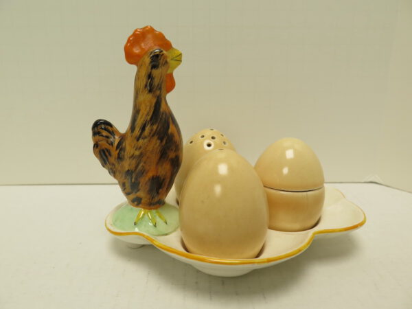 tray with rooster, egg shaped salt and pepper